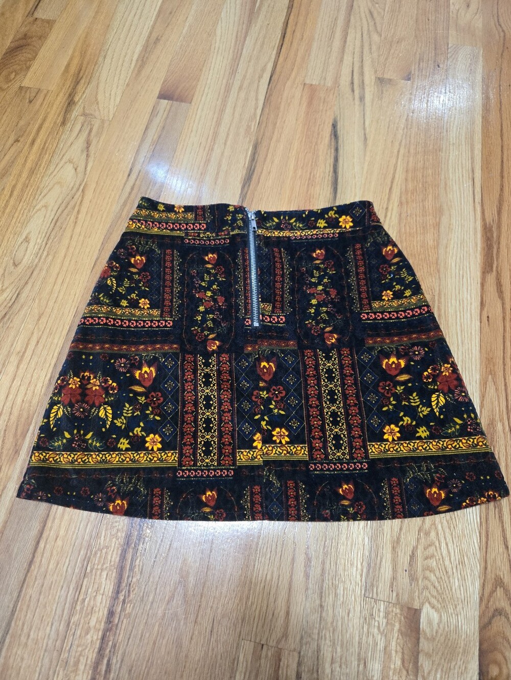 Floral Patterned Boho Mini Skirt in Black, Red and Yellow - Picture 2 of 6